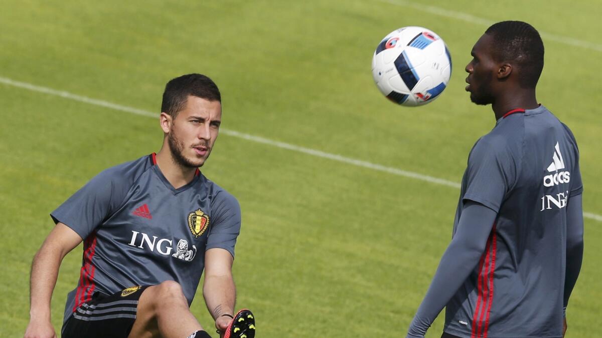 Belgium’s Eden Hazard (left) and Christian Benteke during a training session. — Reuters