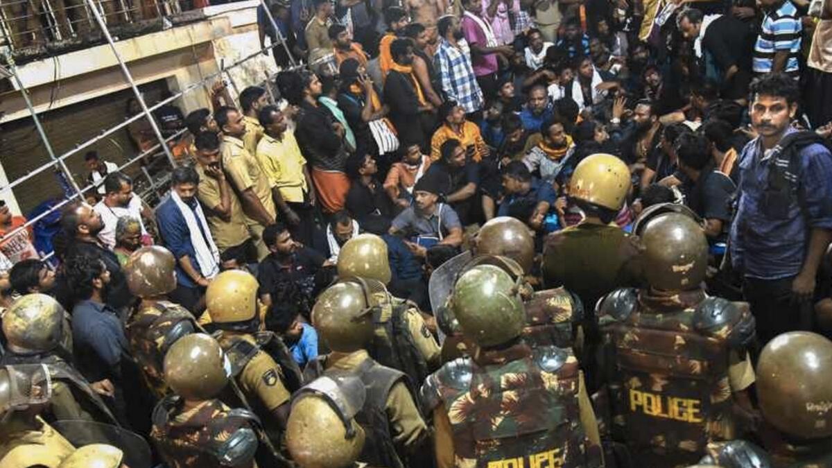 Two women stopped 1km from Sabarimala, police lathi-charge protesters