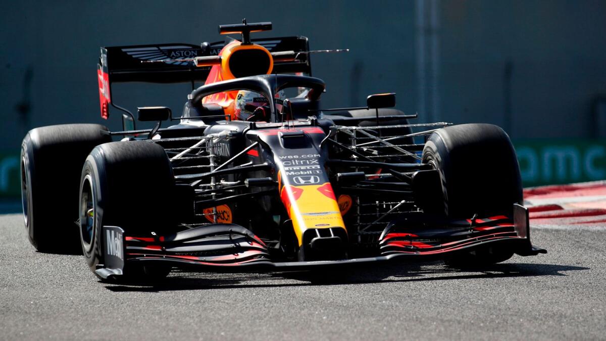 Red Bull's Dutch driver Max Verstappen drives during the first practice session ahead of the Formula One Abu Dhabi Grand Prix at the Yas Marina Circuit.