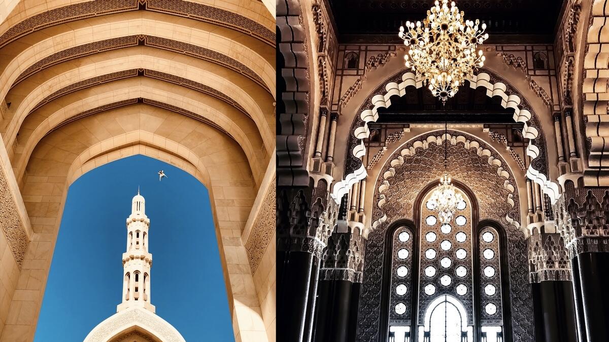 The Sultan Qaboos Mosque in Muscat and the Hassan 2 Mosque in Casablanca.