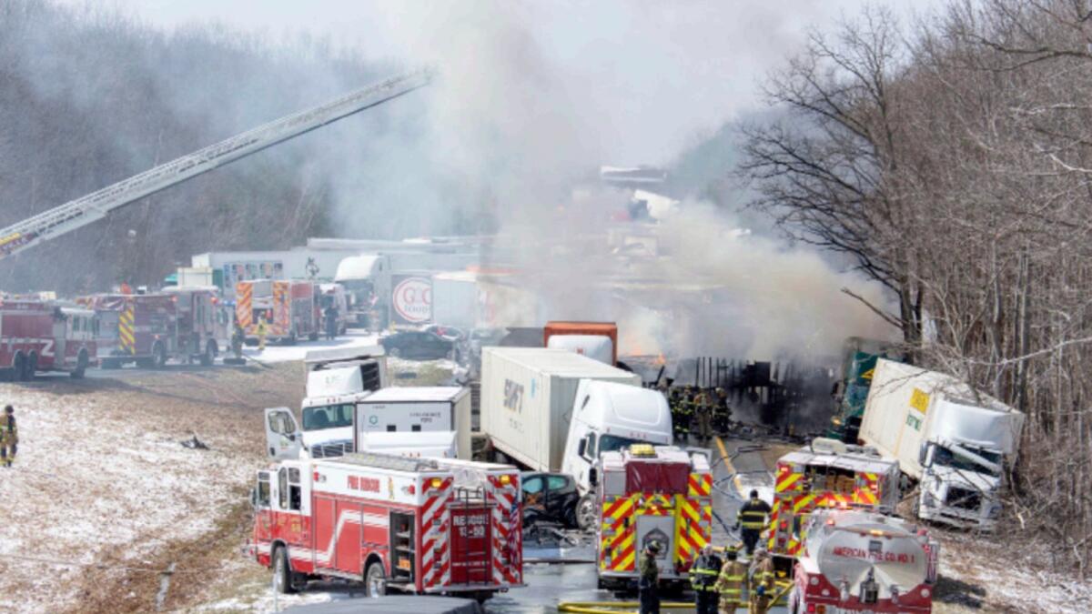 A multi-vehicle crash on Interstate 81 North near the Minersville exit, Foster Twp., Pennsylvania. — AP