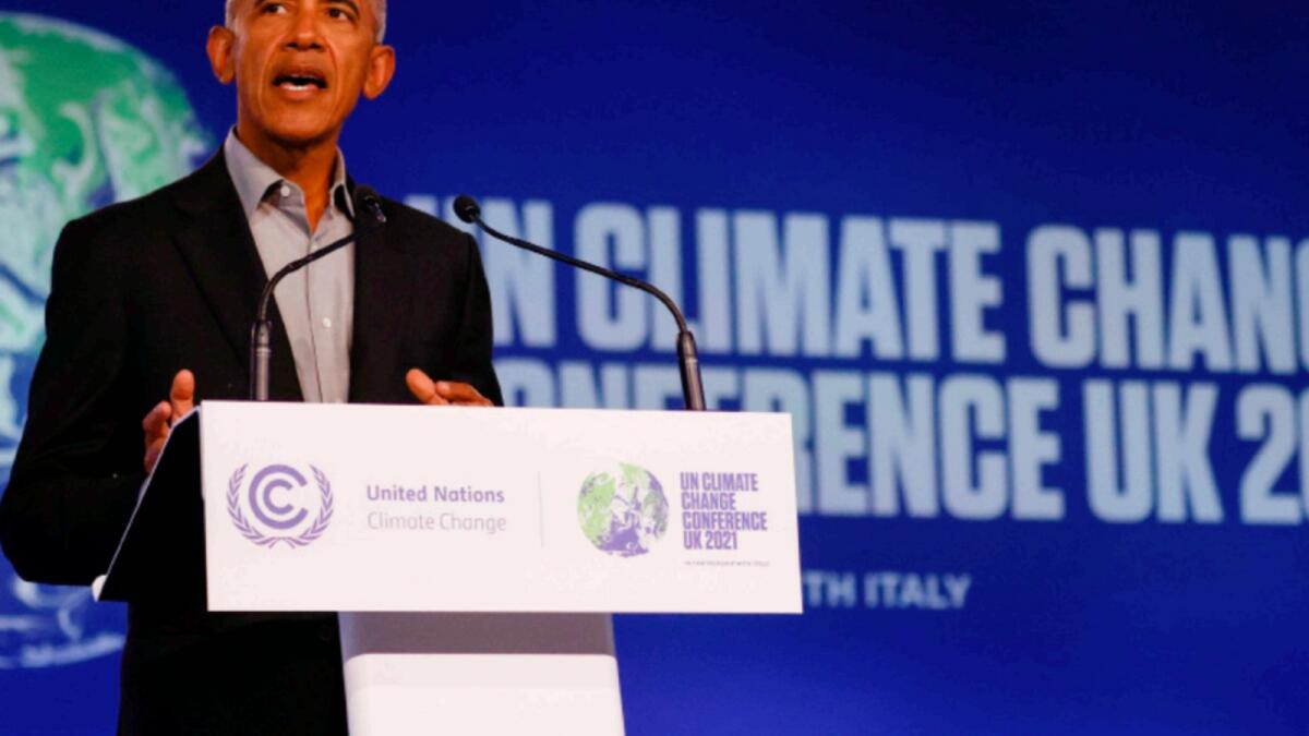 Barack Obama delivers a speech during the UN Climate Change Conference (COP26), in Glasgow. — Reuters