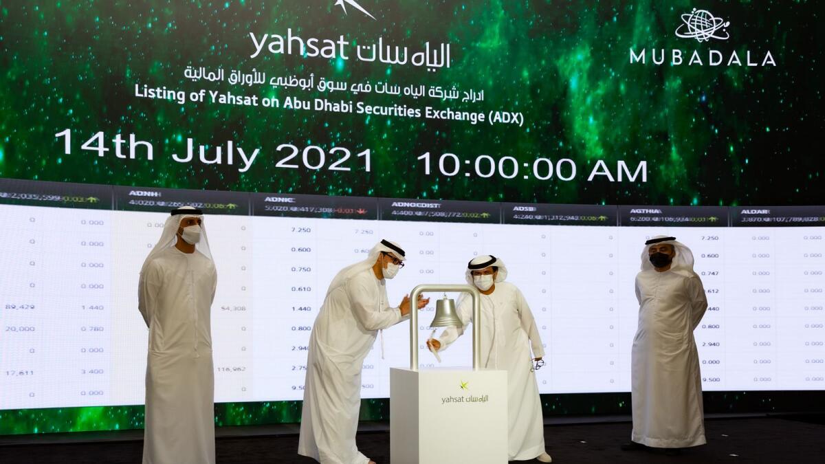 Saeed Hamad Al Dhaheri, CEO, ADX; Mohammed Ali Al Shorafa Al Hammadi, Chairman of ADX; Musabbeh Al Kaabi, CEO of UAE Investments at Mubadala and Chairman of the board of directors at Yahsat, and Ali Al Hashemi, CEO at Yahsat, at the official listing of Yahsat on the ADX in Abu Dhabi on Wednesday. — Supplied photo