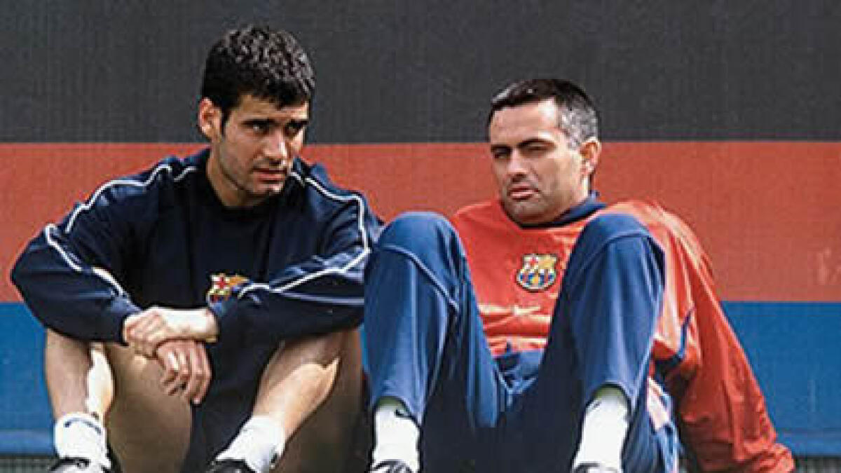 Mourinho with Guardiola when the Portuguese was a translator at Barcelona