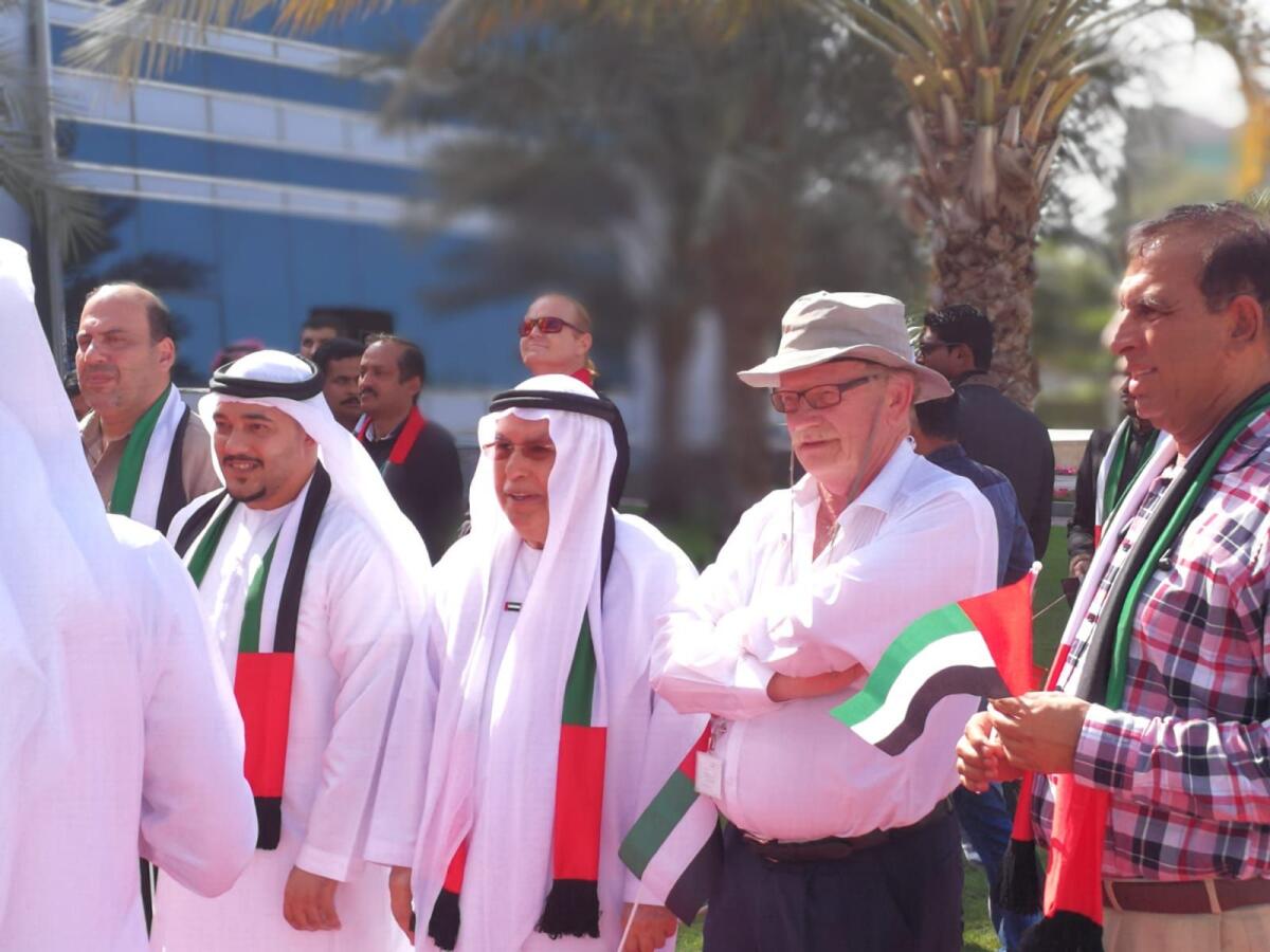 File. Peter Hellyer and late Ibrahim Al Abed (C) on National Day in 2017. — File photo