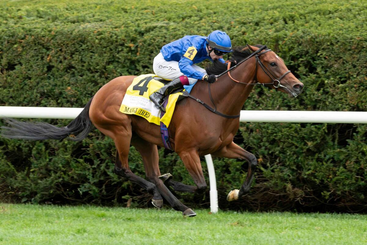 Dubawi filly Mawj on way to victory in the Grade 1 Queen Elizabeth II Challenge Cup at Keeneland in Lexington. — X