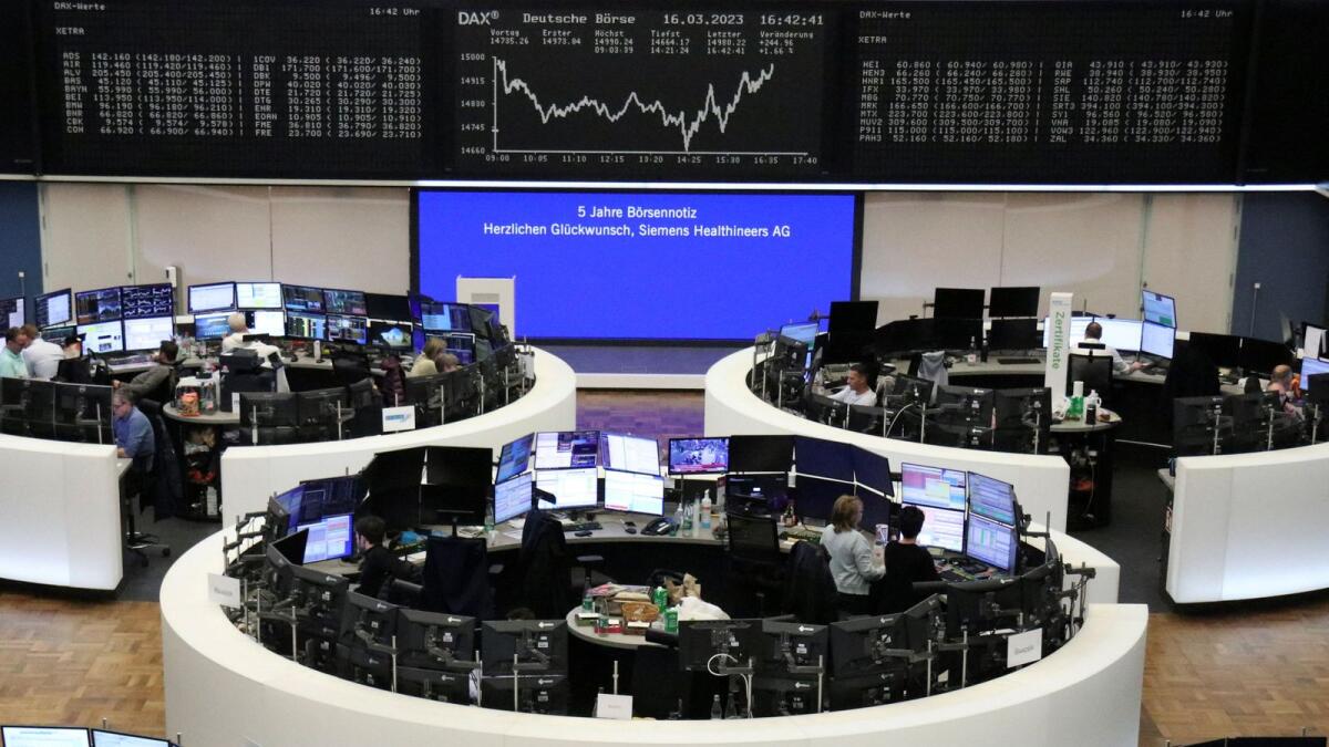 The  stock exchange in Frankfurt. Europe's STOXX 600 was up 0.7 per cent, but still down 1.9 per cent on the week overall. - Reuters