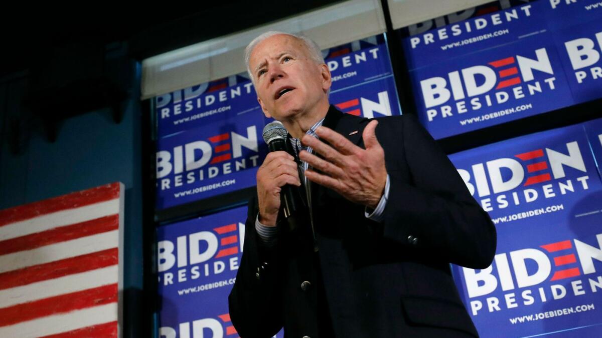 Former vice president and Democratic presidential candidate Joe Biden speaks during a campaign stop. AP