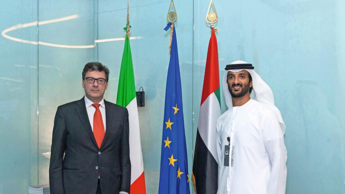 Giancarlo Giorgetti, Italy Minister of Economic Development, with Abdullah Bin Touq Al Marri, Minister of Economy.