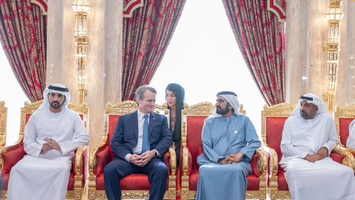 His Highness Sheikh Mohammed bin Rashid Al Maktoum, Vice-President and Prime Minister of the UAE and Ruler of Dubai, met Brian Moynihan, chairman and CEO of Bank of America, at the Za’abeel Palace, in Dubai on Tuesday. Sheikh Hamdan bin Mohammed bin Rashid Al Maktoum, Crown Prince of Dubai and Chairman of the Executive Council of Dubai; and Sheikh Ahmed bin Saeed Al Maktoum, President of the Dubai Civil Aviation Authority and Chairman and Chief Executive of Emirates Airline and Group also attended the meeting. Sheikh Mohammed discussed the vast opportunities emerging for global financial institutions from the UAE’s ambitious growth aspirations. The meeting also explored how the UAE and Dubai can further support Bank of America in enhancing its business operations both in the country and across the region. — Dubai Media Office