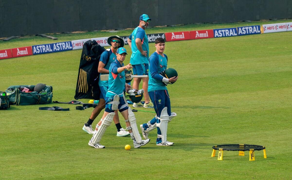 Australian players during a practice session ahead at the Arun Jaitley Stadium in New Delhi on Thursday. — PTI