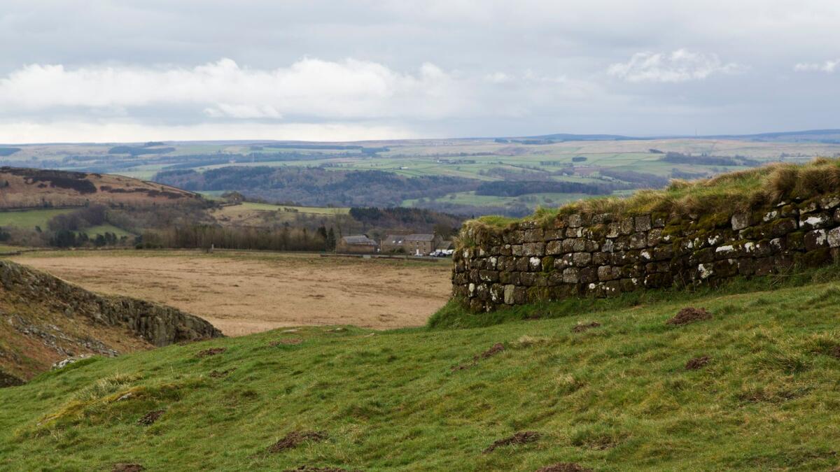 Hadrian's Wall in Northumberland, England. The ancient fortification part of a UNESCO World Heritage Site.