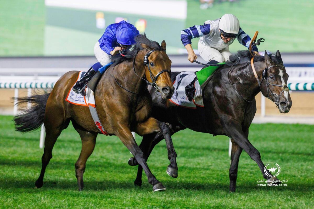 Warren Point (Left) and Michael Barzalona beat Sean (Adrie de Vries) to win the Group 3 Dubai Millennium Stakes at the Dubai Racing Carnival on Friday. - Photo by DRC