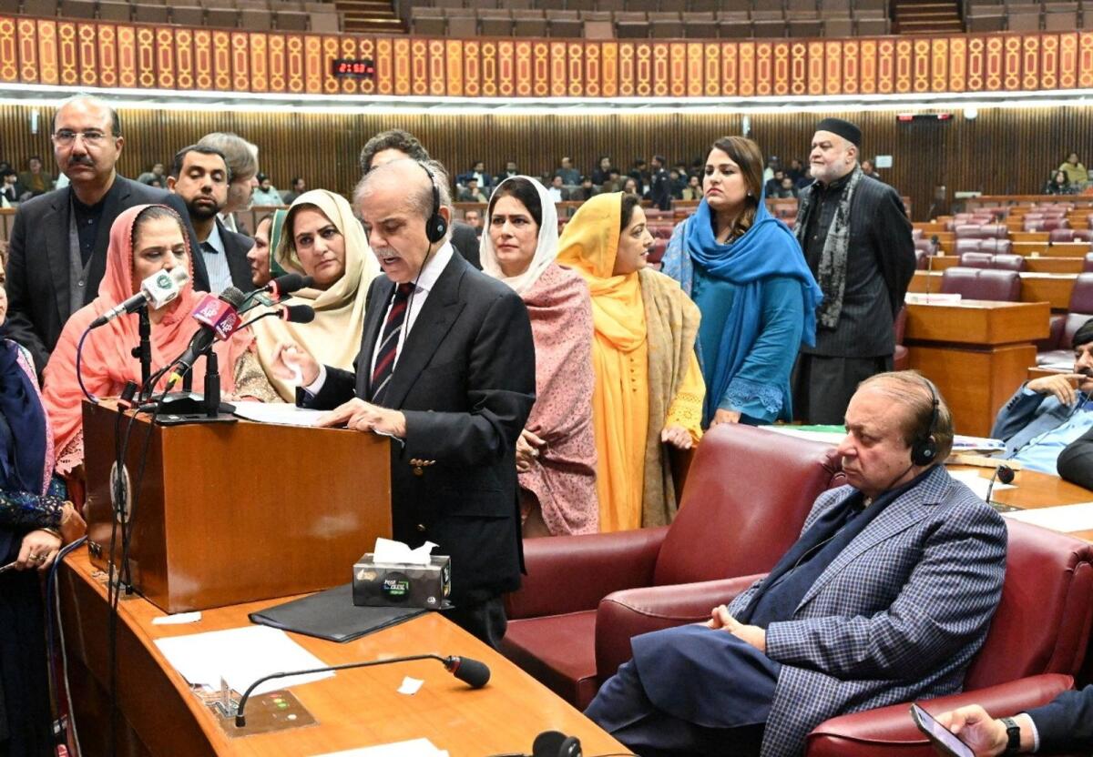 Pakistan's newly elected Prime Minister Shahbaz Sharif delivers speech after elected as Pakistan's prime minister for second term in the National Assembly building in Islamabad on March 3, 2024. — Reuters