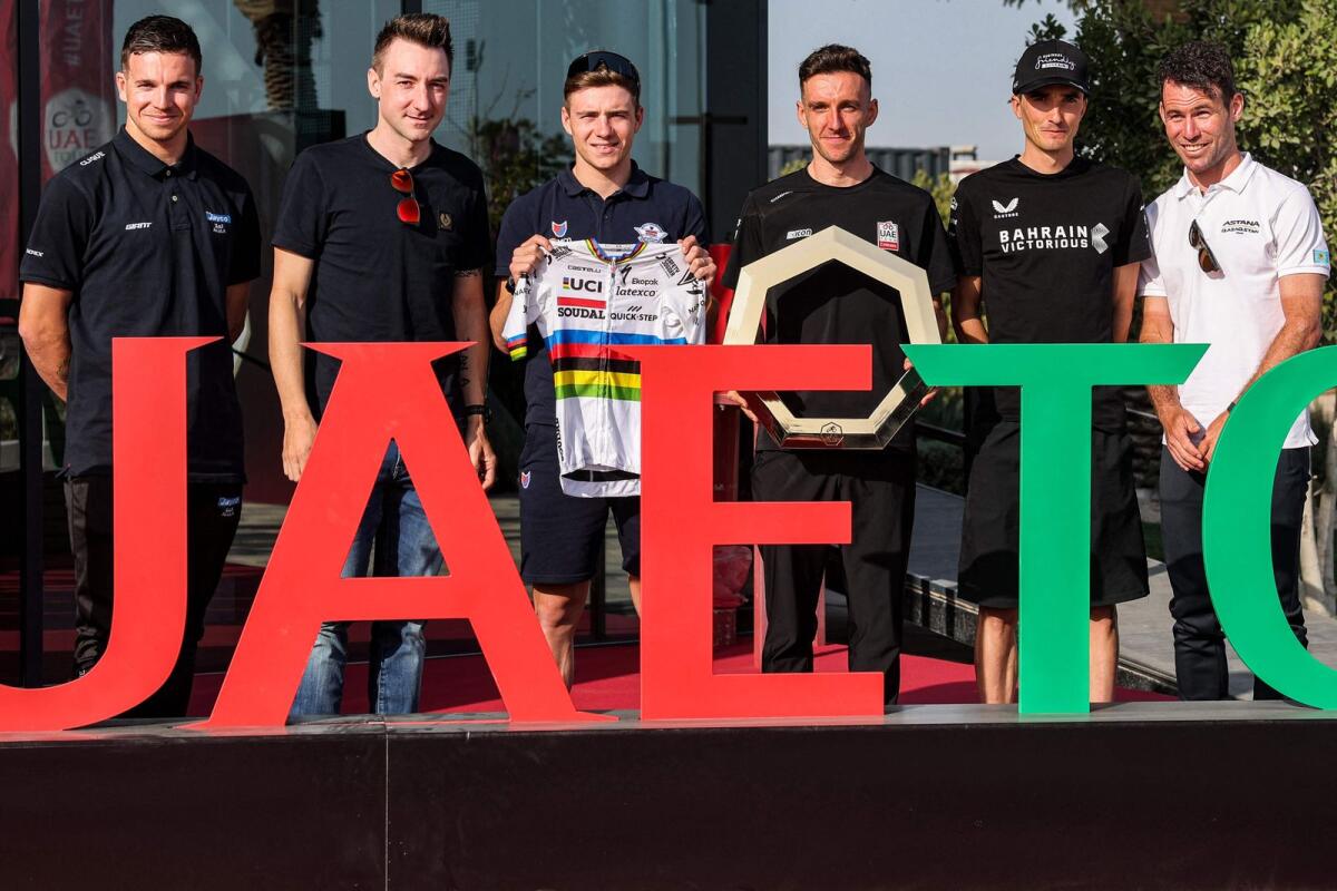 UAE Team Emirates rider Adam Yates (third from right) on the eve of the start of the UAE Tour in Abu Dhabi on Sunday. — AFP