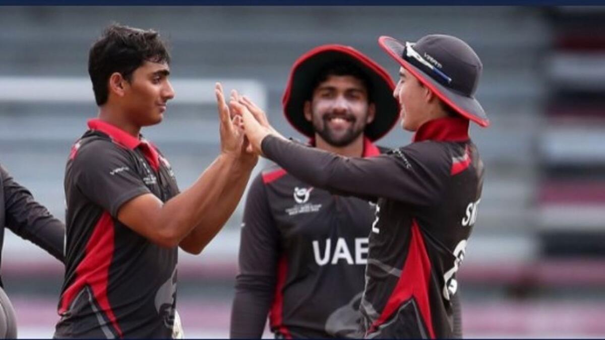 UAE players celebrate a wicket during the match against Bahrain. (UAE Cricket Official Twitter)