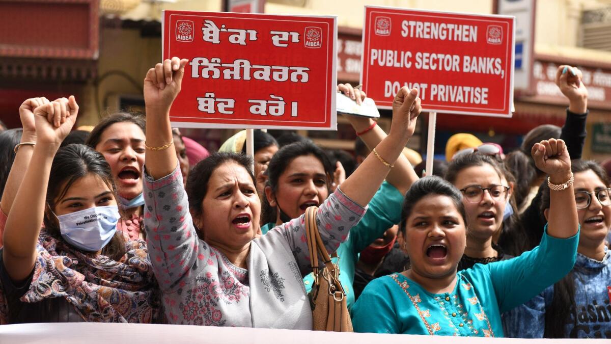 Banks' employees take part in a protest during a two-day nationwide bank strike in India. Photo: AFP