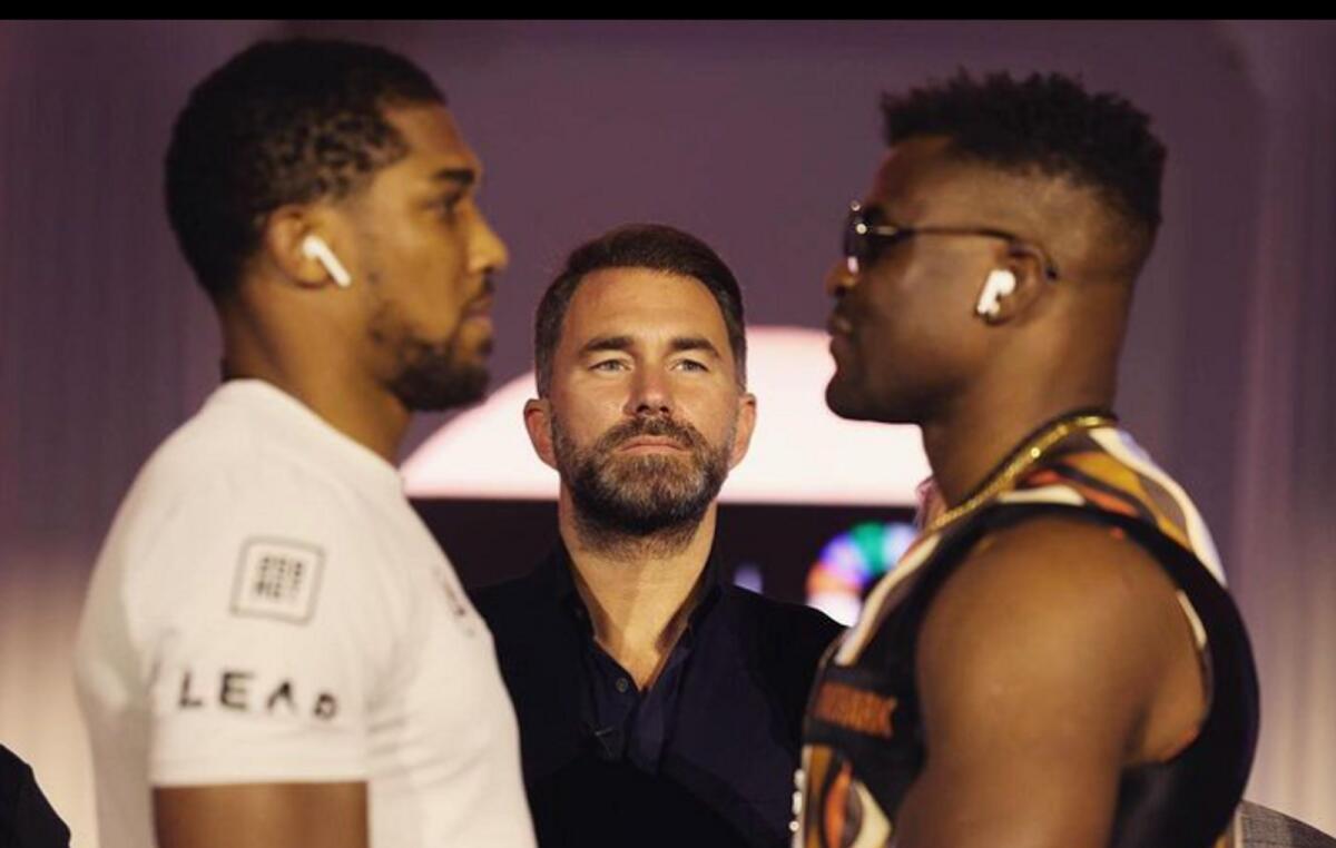 Boxing promoter Eddie Hear (C) during the Anthony Joshua - Fracis Ngannou face-off.. - Instagram