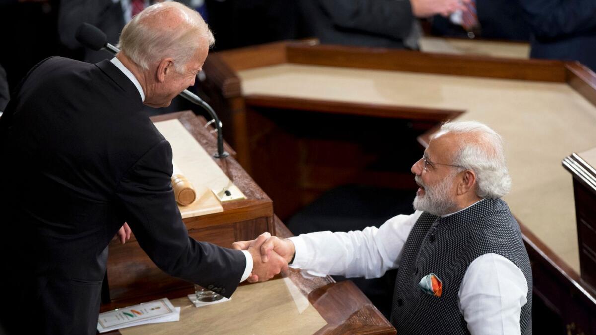 Indian Prime Minister Narendra Modi greets the then  US Vice-President Joe Biden during his address to a joint meeting of Congress on in Washington in 2016.