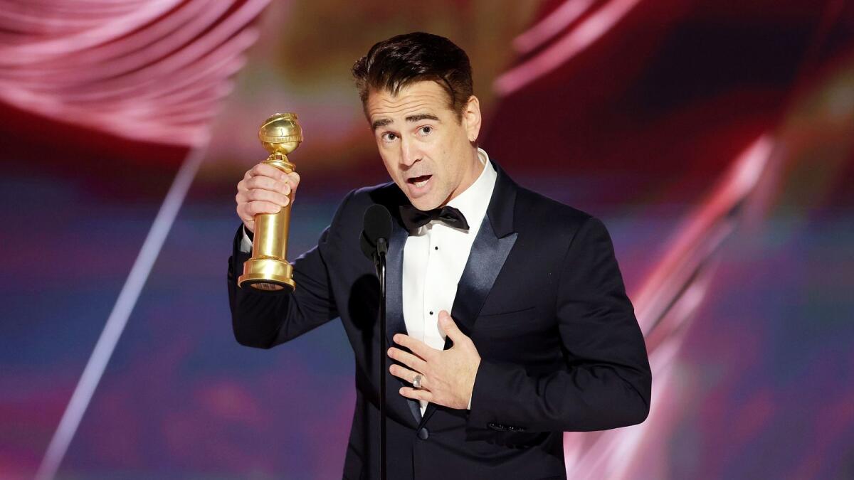 Colin Farrell accepting the Best Actor in a Motion Picture – Musical or Comedy award for 'The Banshees of Inisherin'