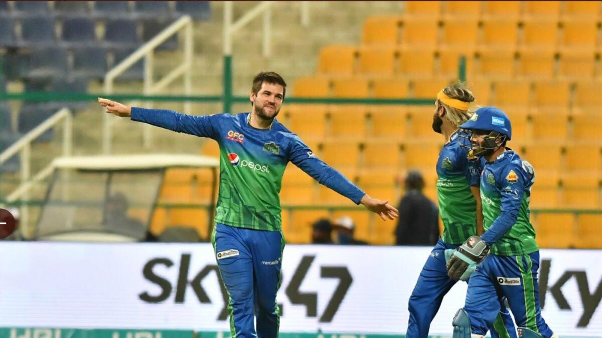 Multan Sultans' players celebrate a wicket during the match against Karachi Kings. (Pakistan Super League Twitter)