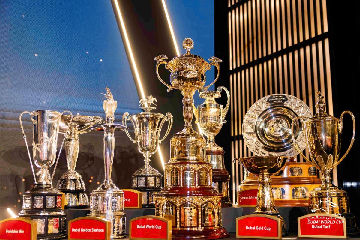 The nine glittering trophies which will be presented on Saturday. - Photo Dubai Racing Club