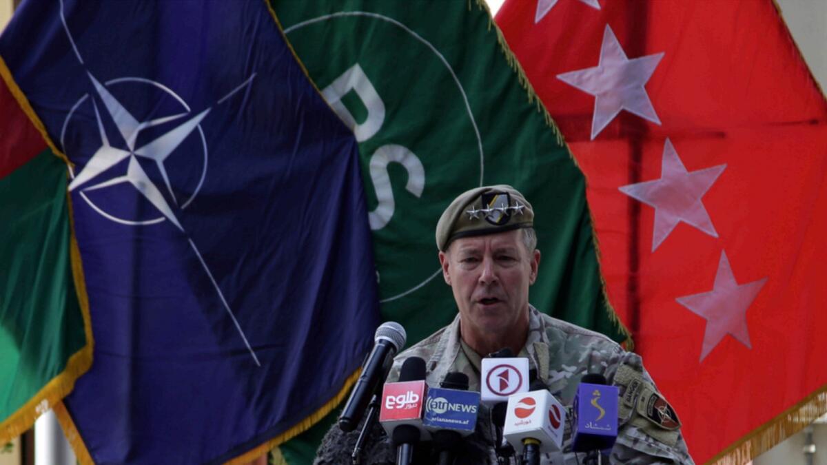 US Army Gen. Scott Miller speaks at a ceremony where he relinquished his command at Resolute Support headquarters in Kabul. — AP