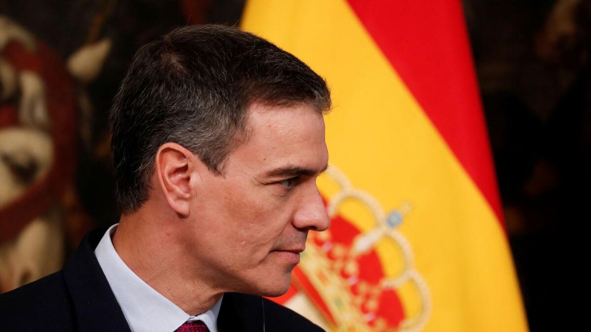 Spanish Prime Minister Pedro Sanchez attends a news conference after his meeting with Italian Prime Minister Giorgia Meloni at Palazzo Chigi, in Rome, Italy, on Saturday. — Reuters