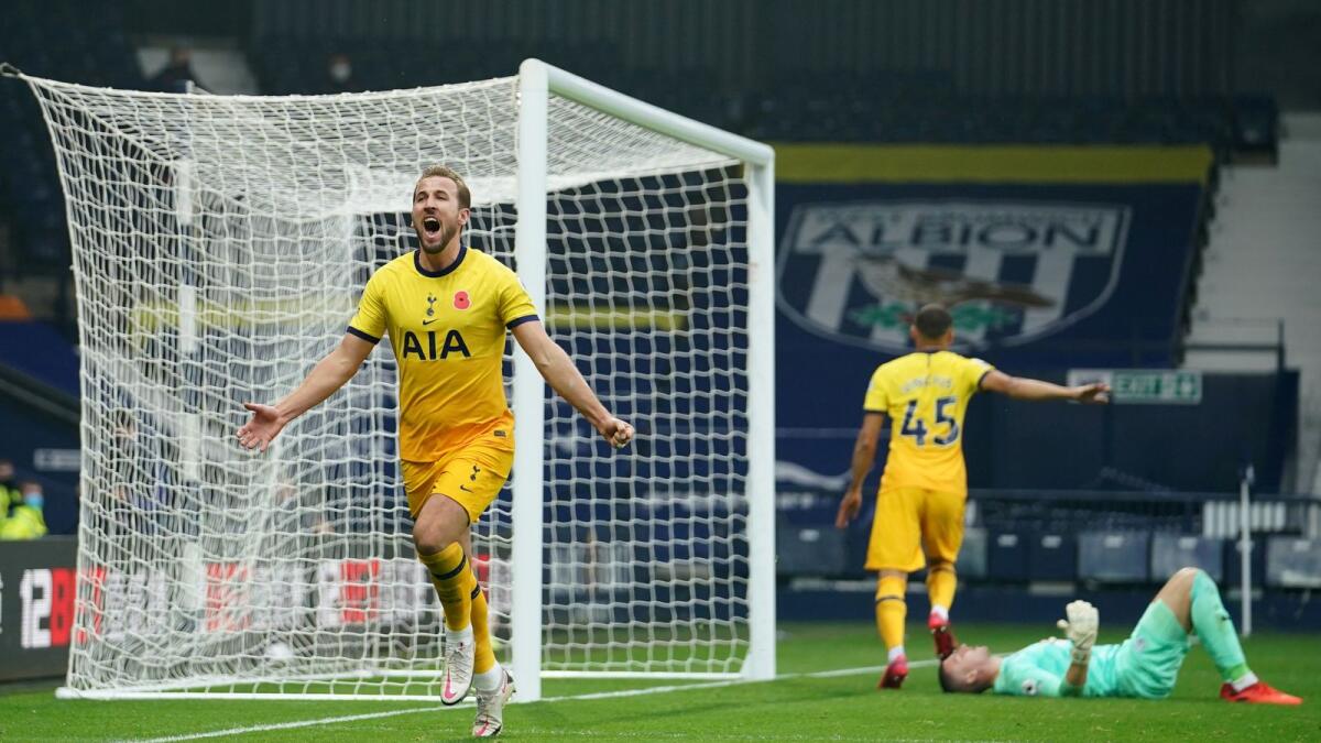 Tottenham Hotspur's Harry Kane celebrates his winner against West Bromwich. — Reuters