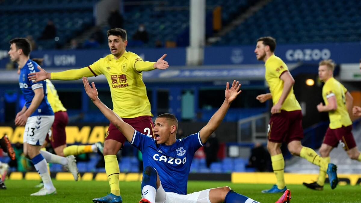 Everton's Richarlison reacts during the English Premier League soccer match between Everton and Burnley at Goodison Park in Liverpool. — AP