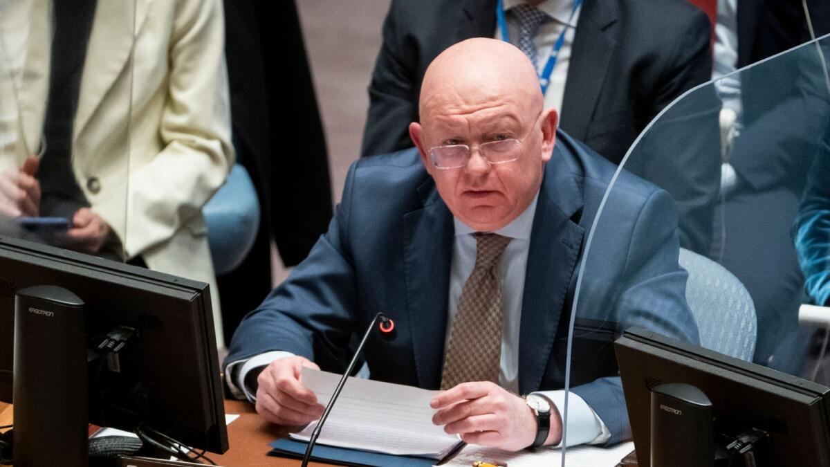 Vassily Nebenzia, permanent representative of Russia to the United Nations, speaks during a meeting of the UN Security Council, March 29, 2022, at United Nations headquarters. — AP FILE