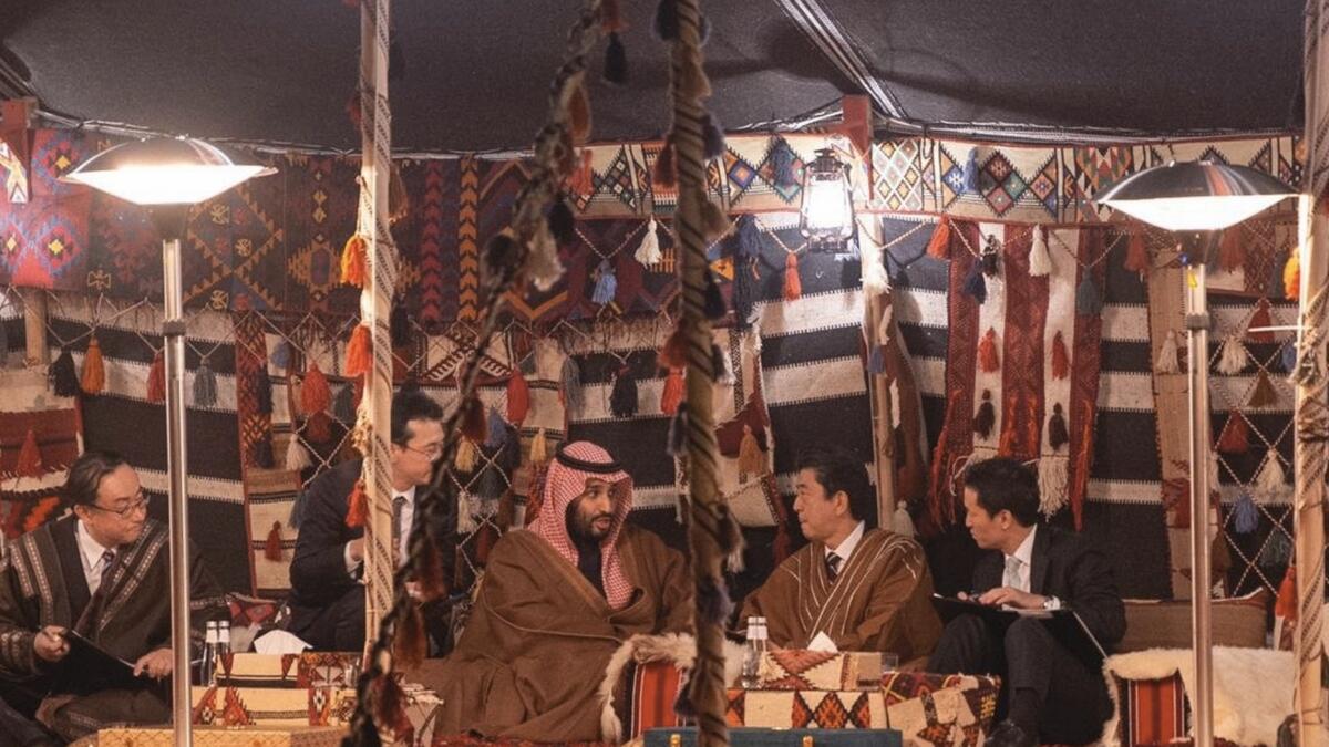 The Japanese premier discussed regional tensions during a meeting with Saudi Crown Prince Mohammed bin Salman in northwestern Al-Ula province.