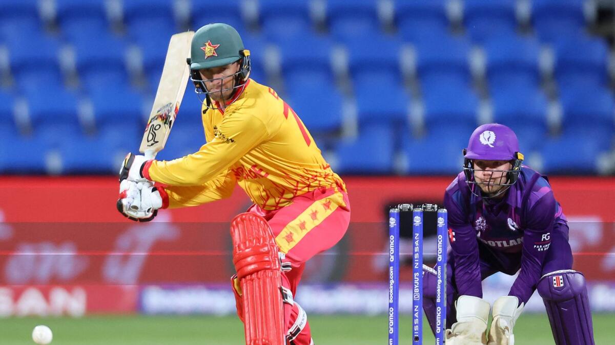 Zimbabwe's Craig Ervine plays a reverse sweep against Scotland in Hobart on Friday. — AFP