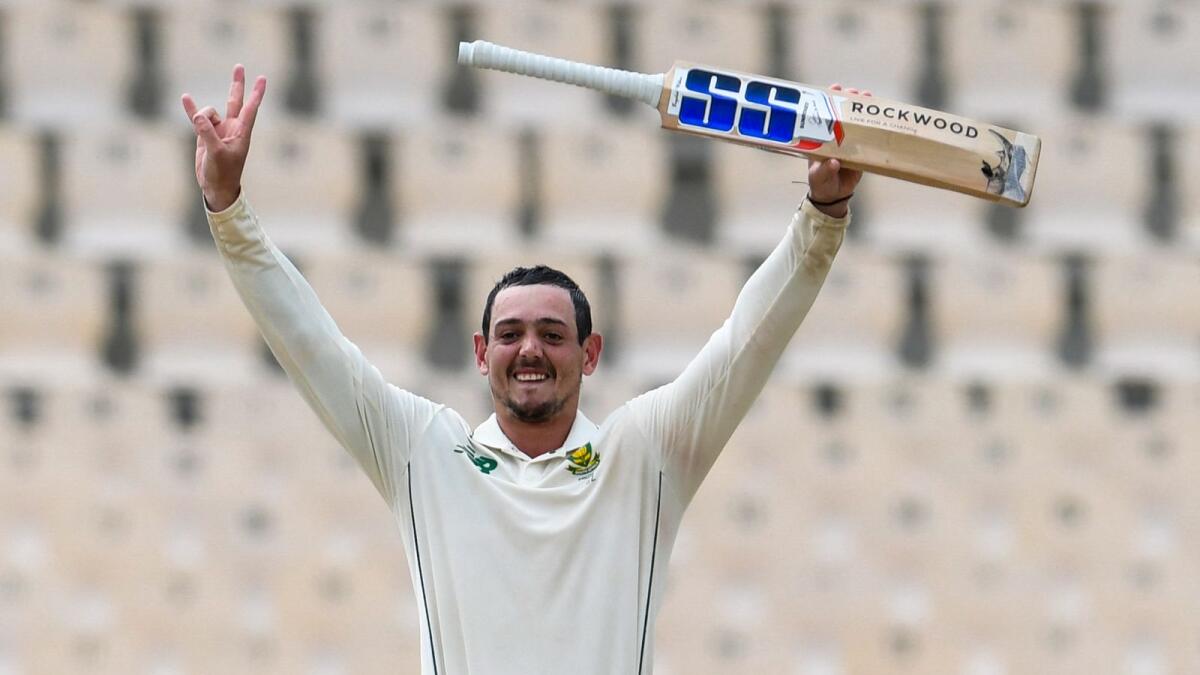 Quinton de Kock of South Africa celebrates his Test century against West Indies. (AFP)