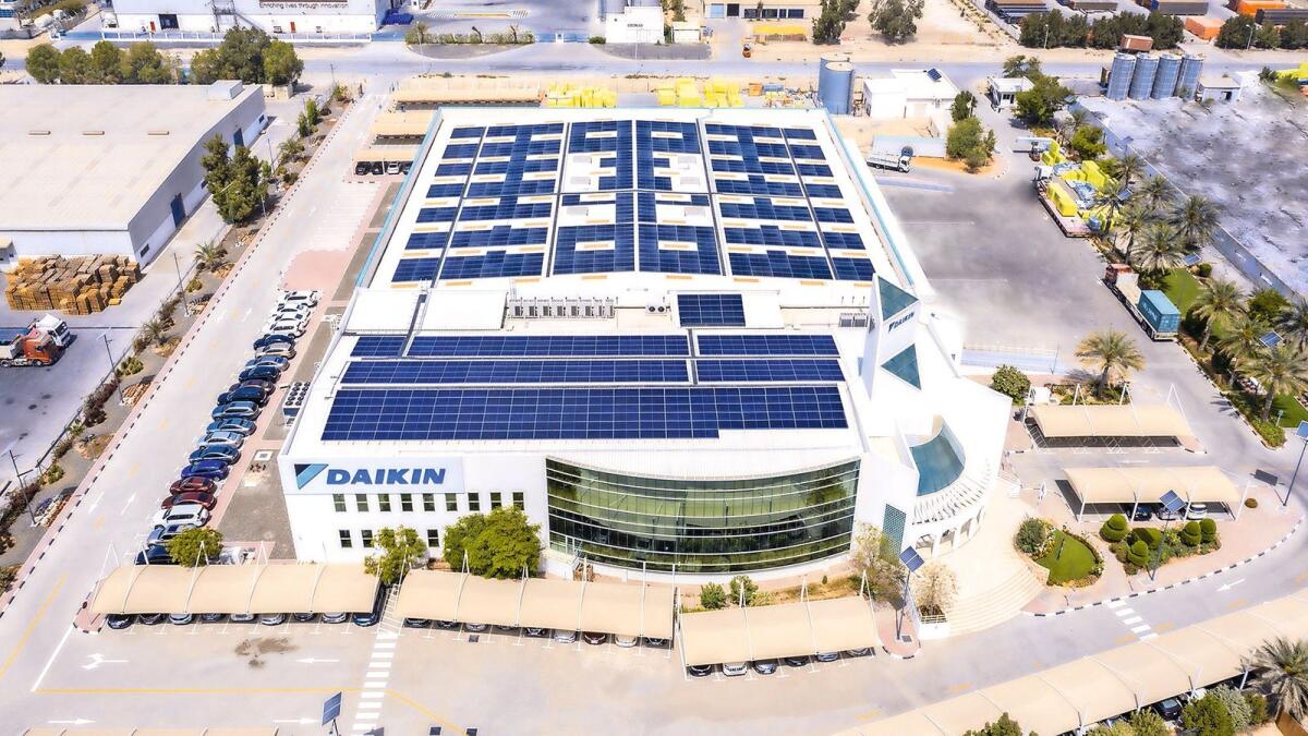 Daikin MEA HQ in Jafza features rooftop solar panels.