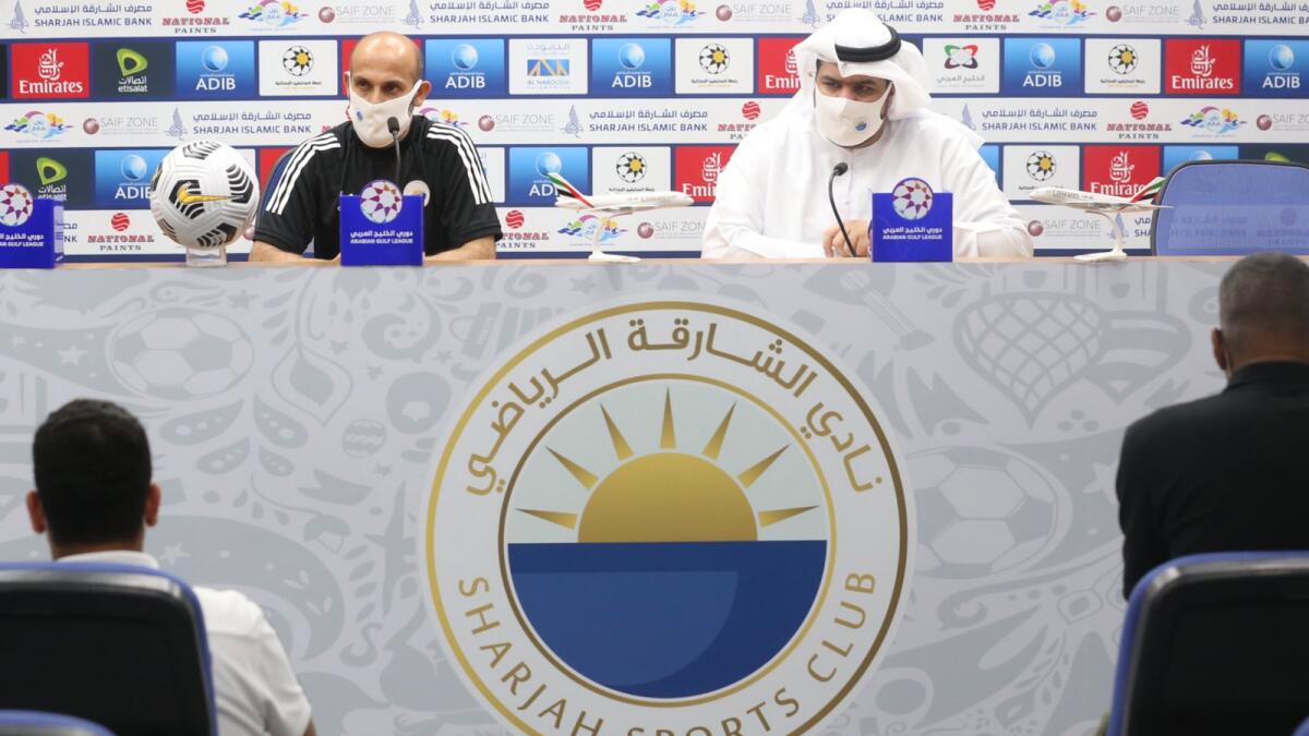 Sharjah coach Abdulaziz Al Anbari during his pre-match briefing on Tuesday evening. — Sharjah FC Twitter