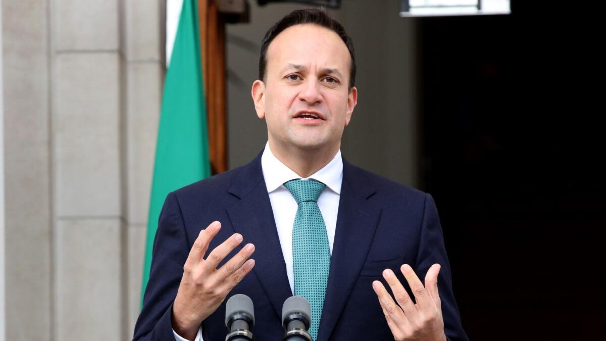 (FILES) In this file photo taken on January 27, 2020 Ireland's Prime Minister Leo Varadkar speaks during a press conference at Government Buildings in Dublin, after his meeting with the EU's chief Brexit negotiator Michel Barnier. - Leo Varadkar takes over for the second time as Ireland's prime minister this weekend, in a handover of power between the two main political partners in the three-party governing coalition. Varadkar, who is mixed race, openly gay and is still one of Ireland's youngest ever leaders even in his second stint in the role, steps up from deputy premier on December 17, 2022. (Photo by Paul Faith / AFP)
