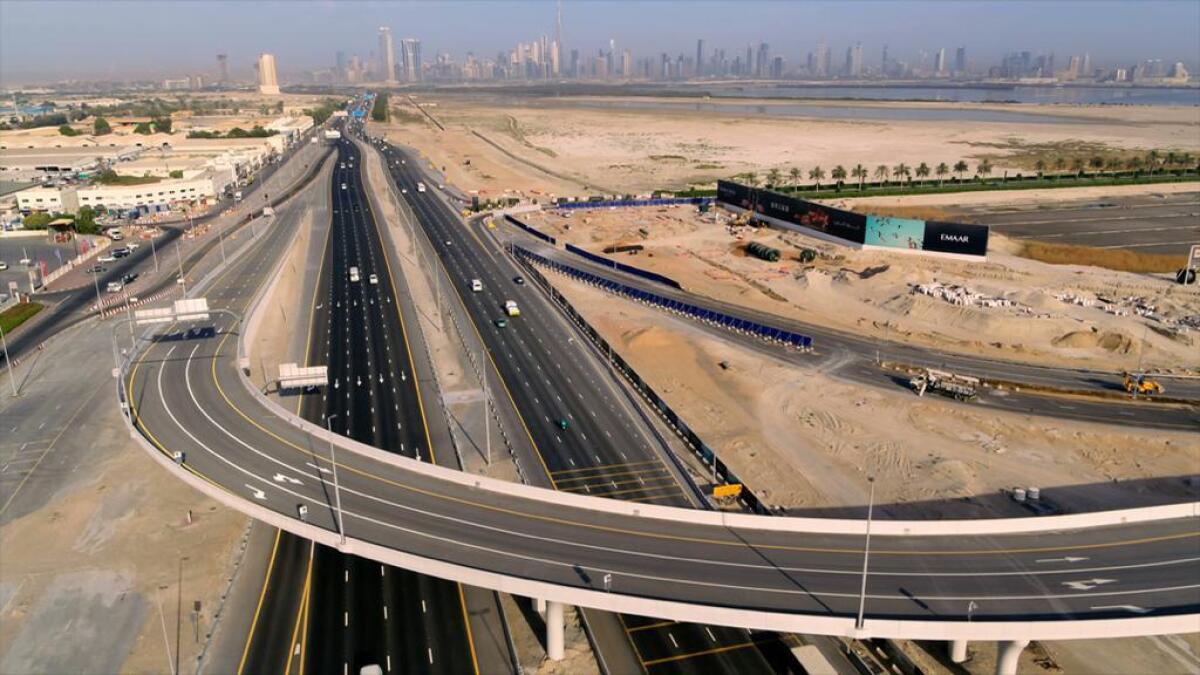 road, flyover, Dubai. UAE, Dubai Creek Harbour, construction, Roads and Transport Authority