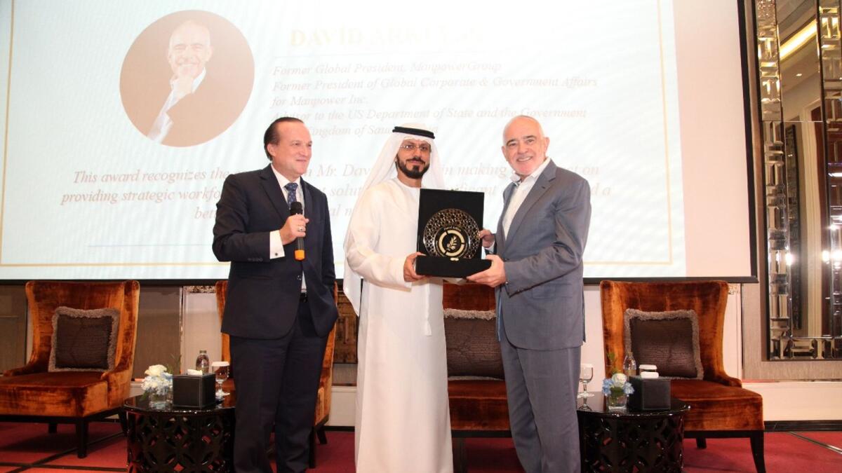 David Arkless, Advisor to the US Department of State and the Government of the Kingdom of Saudi Arabia (right) with Mohamed Al Ali, CEO &amp; Advisor Sheikh Ahmad Bin Obaid Al Maktoum International Investments Enterprises at BRICU (centre) and Dr.Raphael Nagel, Founder and Chairman, The Abrahamic Business Circle. Supplied photo