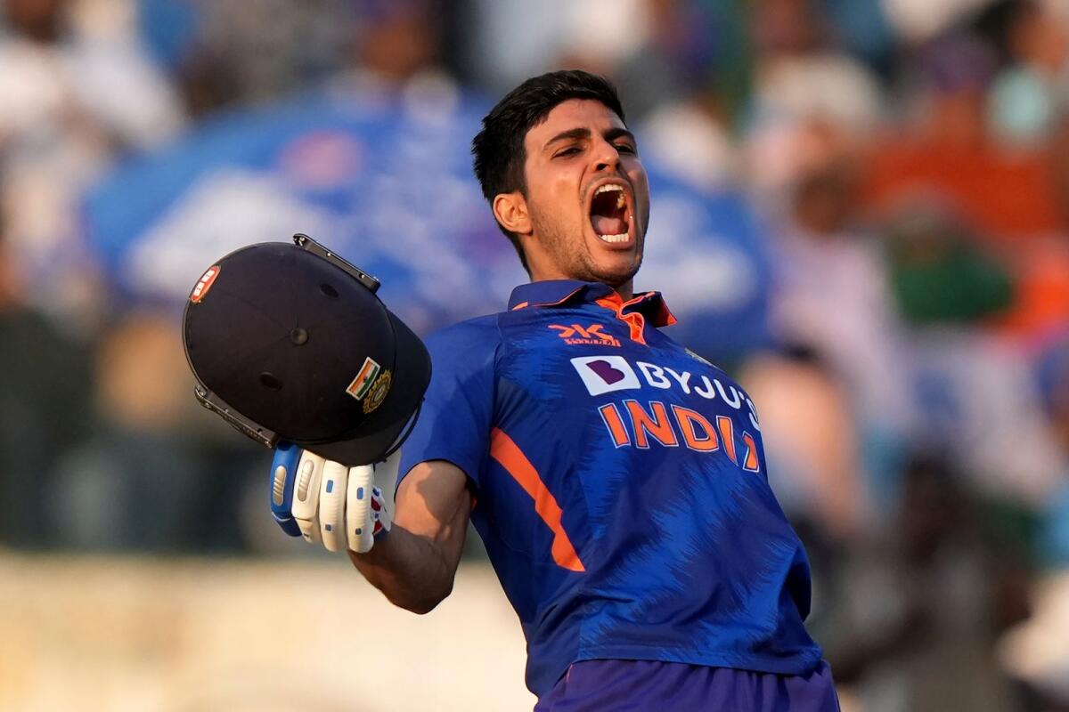 India's Shubman Gill celebrates scoring a double century. — AP