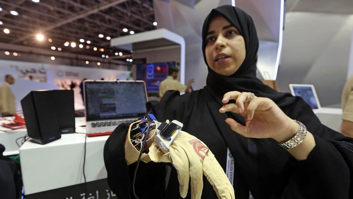 The wireless, sign language translation glove, called ‘Deaf’s Dream Smart Glove’, caught the eye of Dubai Police back in April.- Photo by Dhes Handumon