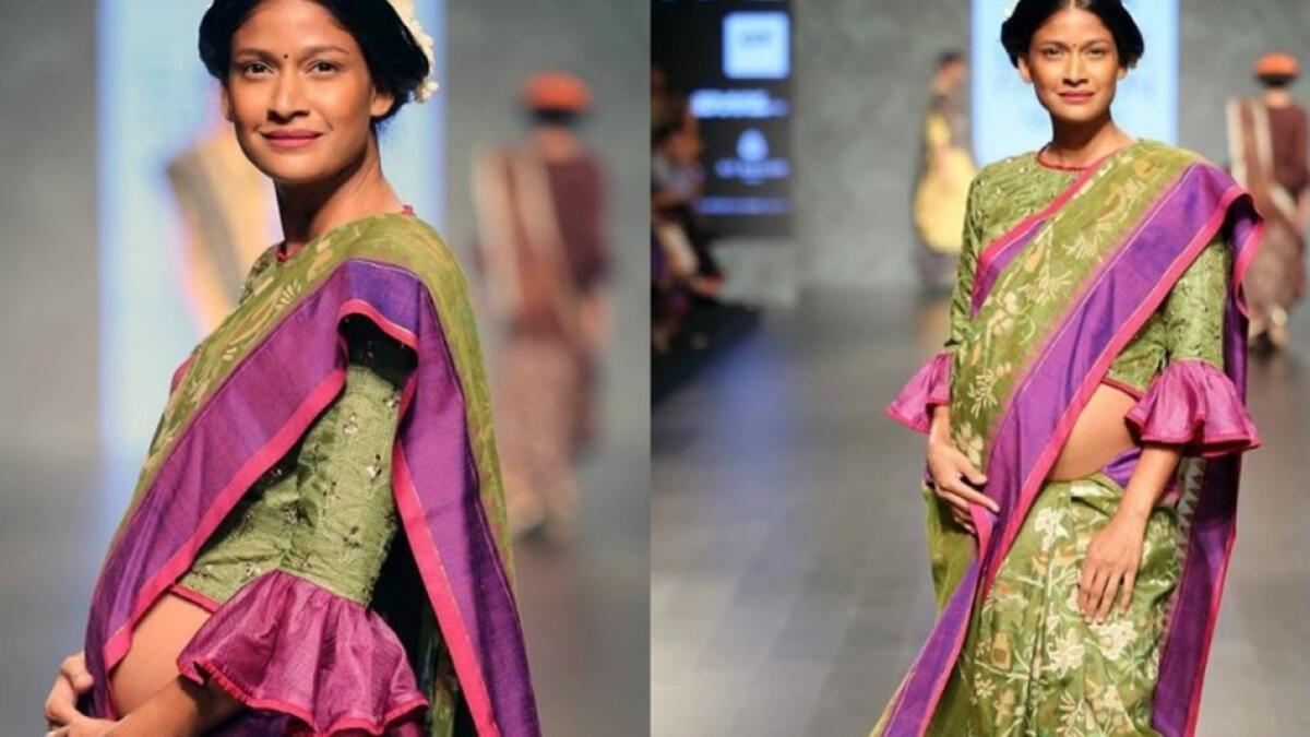 Carol Gracias,  took part in designer Gaurang Shah's show at Lakme Fashion Week in March 2016 and her fuschia and green sari made her baby bump a focal point.