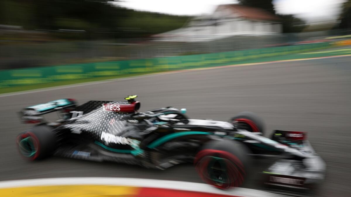 Mercedes' Finnish driver Valtteri Bottas drives during the first practice session at the Spa-Francorchamps circuit in Spa