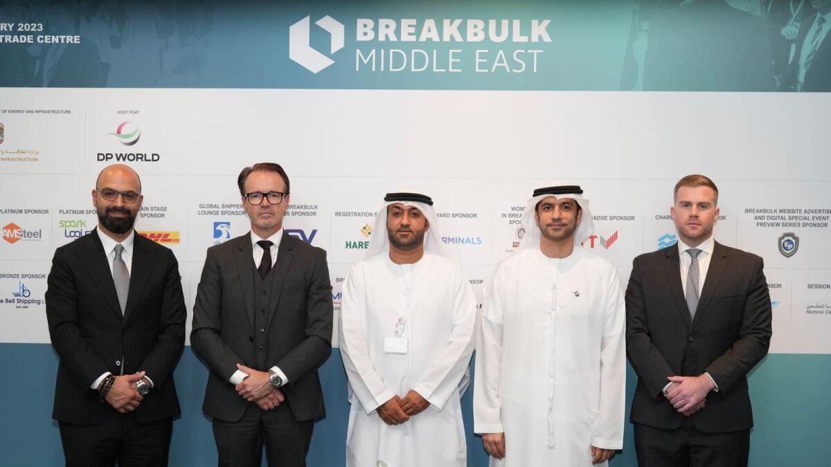 Notable industry leaders from the Ministry, DP World, Abu Dhabi Ports Group, DSV Solutions Abu Dhabi, and other esteemed organisations in the UAE at the press conference in Dubai on Thursday. — Supplied photo