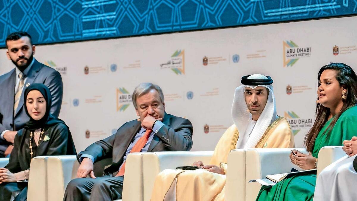 Shamma bint Suhail Faris Al Mazrui, António Guterres, Dr Thani bin Ahmed Al Zeyoudi, and Jayathma Wickramanayake lead the discussion at the Abu Dhabi Climate Meeting. — Wam 