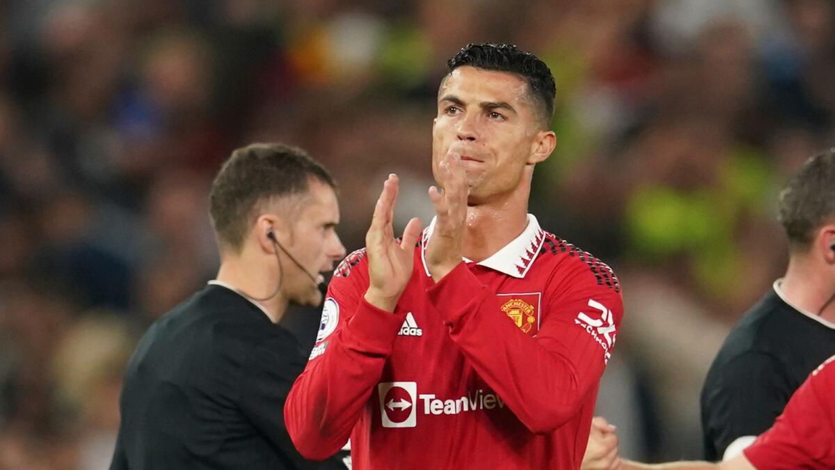 Manchester United's Cristiano Ronaldo applauds at the end of the English Premier League match between Manchester United and Liverpool. (AP)