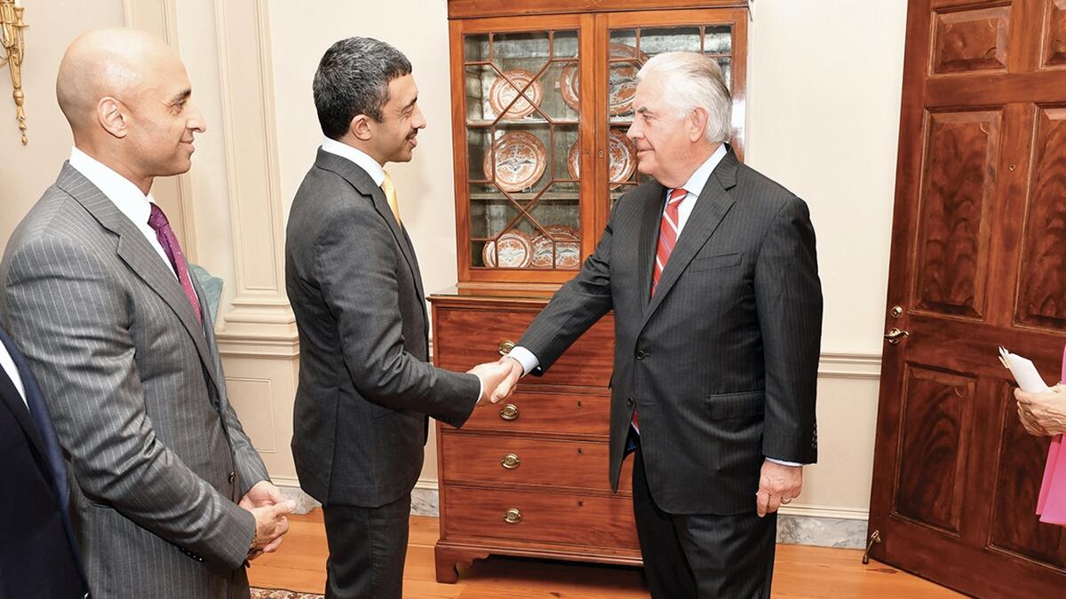 Sheikh Abdullah bin Zayed Al Nahyan, UAE Minister of Foreign Affairs and International Cooperation, with Rex Tillerson, U.S. Secretary of State.