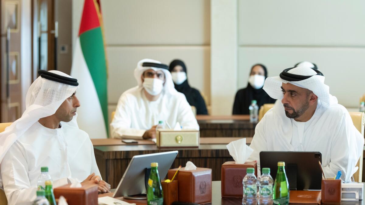 Sheikh Saif and Sheikh Khalid at the launch of Mabrook Madabart programme in Abu Dhabi. — Wam