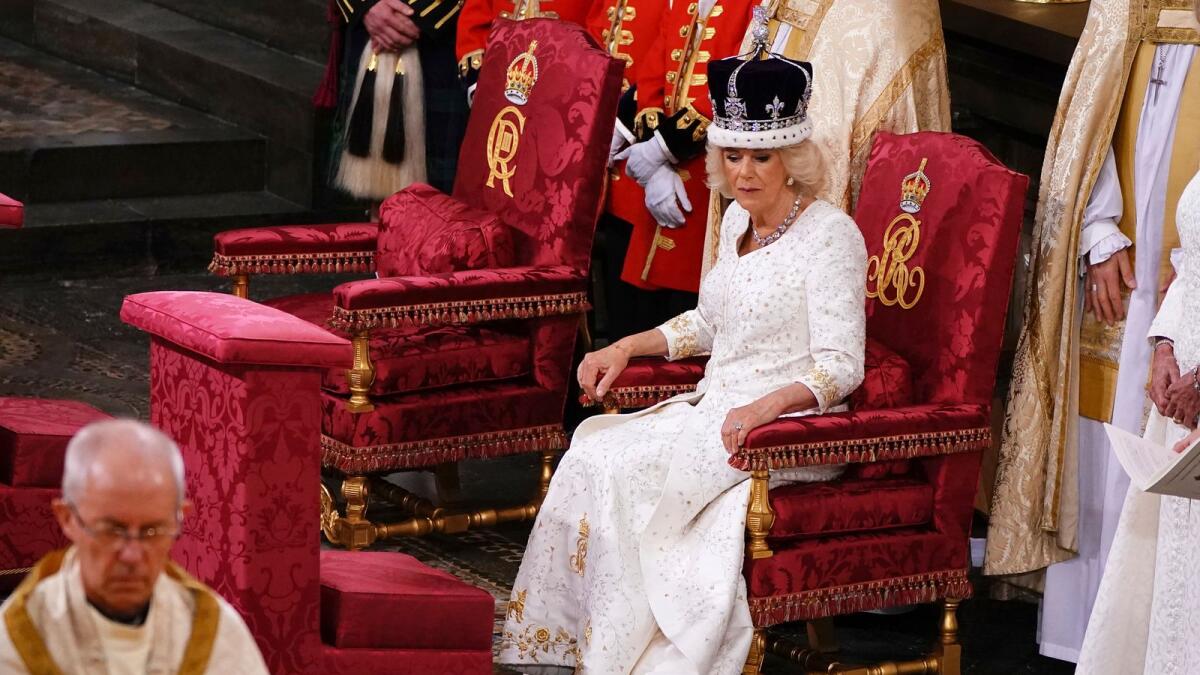 Queen Camilla wears Queen Mary's Crown in Westminster Abbey, London, on Saturday. — AP