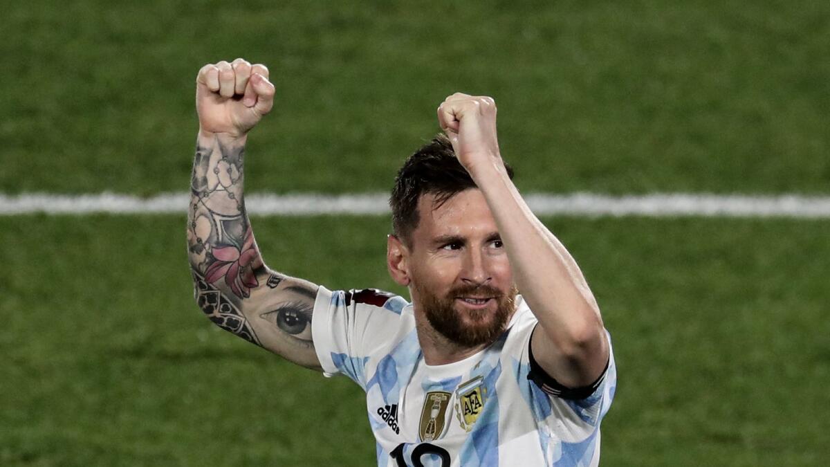 Argentina's Lionel Messi celebrates after scoring against Uruguay. (AFP)